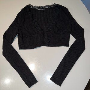 Lace Trim Button Front Rib Knit Crop Top